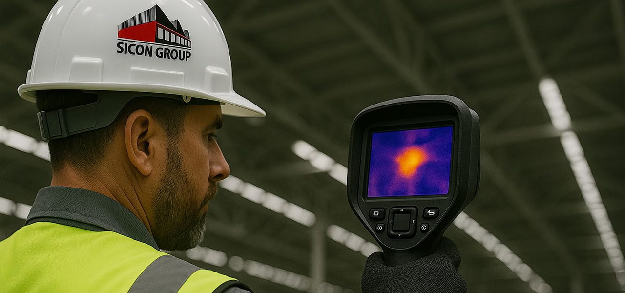Sicon Group technician using a handheld thermal imaging device to identify potential roof leaks inside a large industrial facility